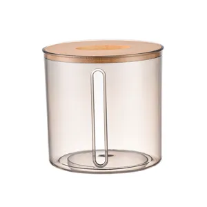Round plastic tissue box with bamboo wood lid, minimalist home storage organizer for living room.