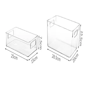 Schéma dimensionnel de boîte de rangement transparente montrant deux tailles pour le stockage.
