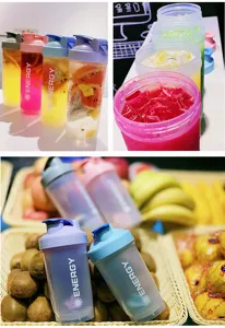 Portable plastic shaker bottle for protein shakes, fruit infusion and fitness workouts.
