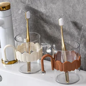 Minimalist clear toothbrush cups set with wavy handles for bathroom home daily use