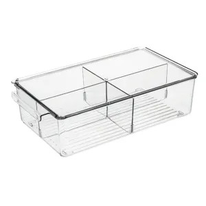 Clear plastic refrigerator storage box with lid and dividers for kitchen food organization.