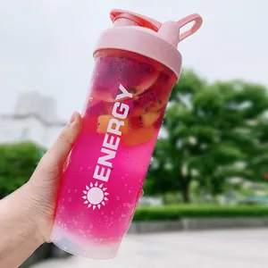 Portable plastic sports shaker cup with pink lid, large capacity water bottle for fitness gym use.