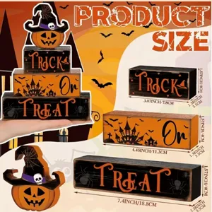 Halloween wooden block set detail view showcasing dimensions and trick or treat decorations.