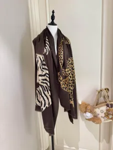 American vintage leopard print women shawl, luxury old money style brown scarf for summer fashion accessories.