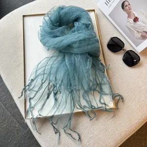 Lightweight Organza Fringe Scarf Sheer Translucent Long Wrap For Women Spring Summer Fashion Daily Outdoor Decorative Scarf