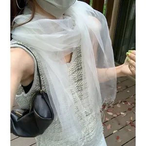 White sheer mesh tassel scarf shawl for women, elegant lightweight spring summer fashion accessory.