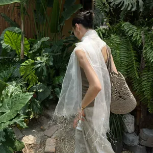 Lightweight sheer mesh fringe scarf shawl for women, perfect for spring and summer vacation.