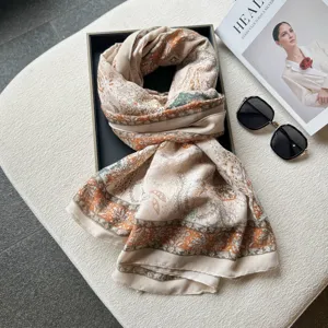 Écharpe en coton et lin à motif cachemire ethnique rétro pour femme, châle de voyage élégant.