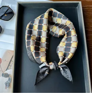 Elegant silk square scarf for women, chic chain pattern neckerchief for summer sun protection.
