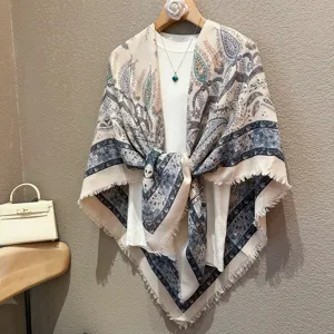 Oversized ethnic style paisley square scarf shawl, soft linen-feel fabric with chic fringe hem.