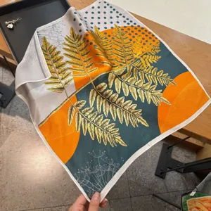 Pure mulberry silk square scarf for women, elegant fern leaf print 53cm neckerchief.