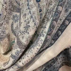 Oversized ethnic style print scarf shawl fabric detail, vintage paisley design, soft texture.