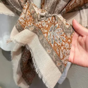 Ethnic paisley oversized scarf shawl with fringe, vintage cotton linen blend for women.