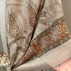Detailed view of large ethnic style paisley pattern scarf, soft imitation linen shawl for women.