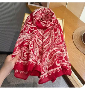 French retro red paisley silk scarf women fashion versatile lightweight neck scarf