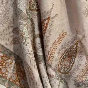 Detailed view of a vintage paisley print square scarf, soft ethnic style shawl for women.