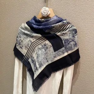 Spring Autumn Large Square Scarf Blue Abstract Print Fringe Shawl Daily Sun Protection