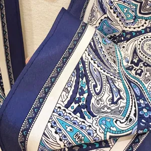 Blue paisley print silk square scarf detail, versatile hair neck bag scarf accessory for women.