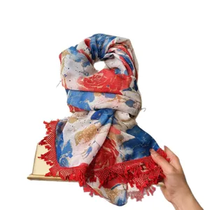 Blumendruck Schal mit roter Spitzenquaste leichtes modisches Fruehlings Sommer Tuch