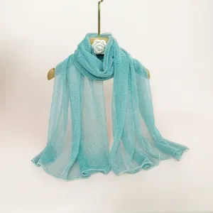 Pleated chiffon long scarf for women, elegant plain turquoise shawl, versatile accessory.