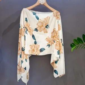 Chic floral sheer cape shawl, elegant summer beach sun protection wrap, lightweight top.