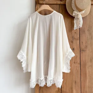 White chiffon lace cardigan sunscreen shawl, elegant floral lace trim, perfect for summer beach travel.