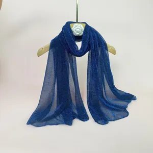 Royal blue metallic pleated women long scarf lightweight sheer shimmering shawl for daily wear