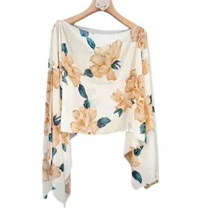 Summer floral print pullover shawl, elegant sun protection cape for outdoor photos and daily wear.