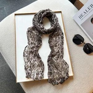 Leopard print pleated scarf for women, fashionable long wrap shawl and versatile neckerchief.