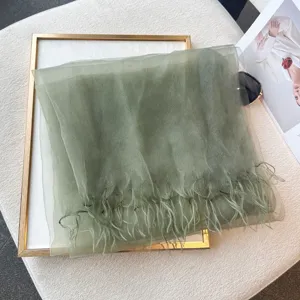 Green sheer mesh fringe scarf shawl for women, elegant lightweight spring summer accessory.