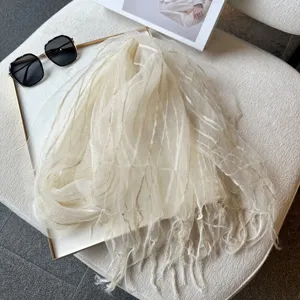 Lightweight organza fringe scarf for women, sheer decorative neck wrap for spring summer.