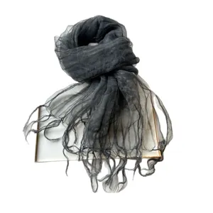 Japanese style lightweight organza fringe scarf, dark grey spring summer fashion accessory.