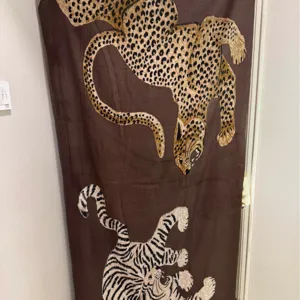 American vintage golden leopard and tiger print scarf shawl, luxury fashion silk accessory for women.