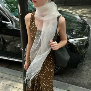 French style sheer mesh fringe scarf women spring summer fashion outdoor photography shawl