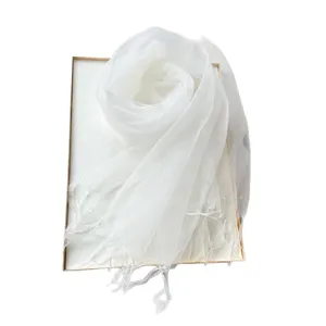 Women white sheer mesh tassel scarf elegant lightweight shawl for summer outdoor travel