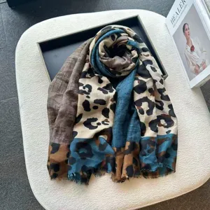 Women Fashion Leopard Print Scarf Lightweight Polyester Sun Protection Shawl Casual Long Beach Wrap Scarf