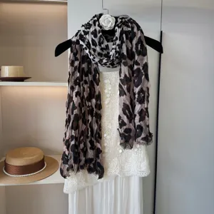 Vintage leopard print pleated thin neck scarf for women, elegant autumn sun protection wrap shawl.