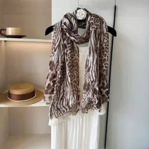Women Retro Leopard Print Pleated Thin Neck Scarf Fashion Elegant Autumn Sun Protection Long Shawl Neckerchief