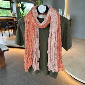 Women literary cotton linen scarf vintage paisley pleated lightweight shawl wrap accessory
