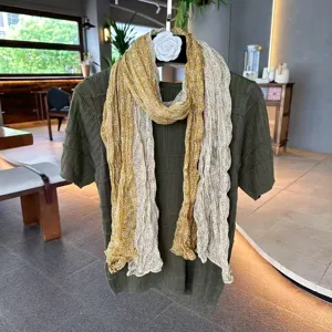 Women's spring autumn literary crinkle scarf paisley patchwork cotton linen details view
