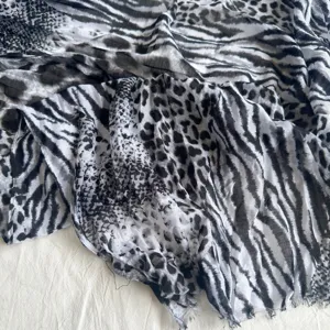 Black and white animal print pleated scarf, lightweight vintage neckerchief for women.