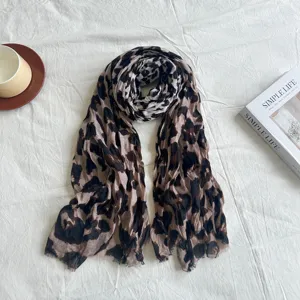 Vintage leopard print pleated thin scarf for women, elegant early autumn neck wrap.