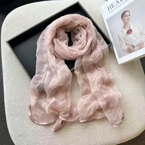 Chic pink bow silk scarf for women, lightweight breathable sheer shawl for spring summer.
