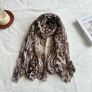 Vintage leopard print pleated scarf for women, lightweight thin neckerchief for early autumn style.