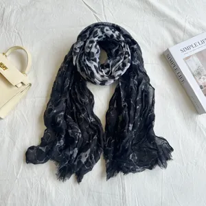 Vintage black white leopard print pleated thin silk scarf elegant women autumn neck wrap