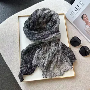 Women paisley crinkle scarf lightweight cotton linen shawl versatile black white neckerchief