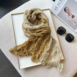 Crinkled cotton linen scarf detail, olive green paisley patchwork, elegant spring neckerchief.