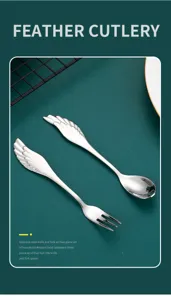 Dettaglio cucchiaio e forchetta piuma in acciaio inossidabile, stoviglie creative.