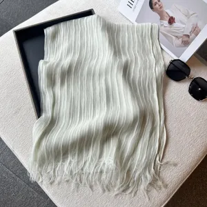 Lightweight pleated tassel scarf for women, summer thin elegant long shawl wrap.