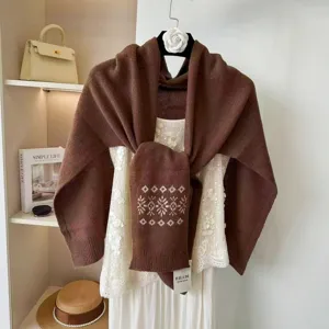 Korean vintage knit jacquard shawl scarf women winter warm versatile layering wrap top.